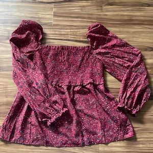 Umgee Red Floral Smocked Peplum Babydoll Top